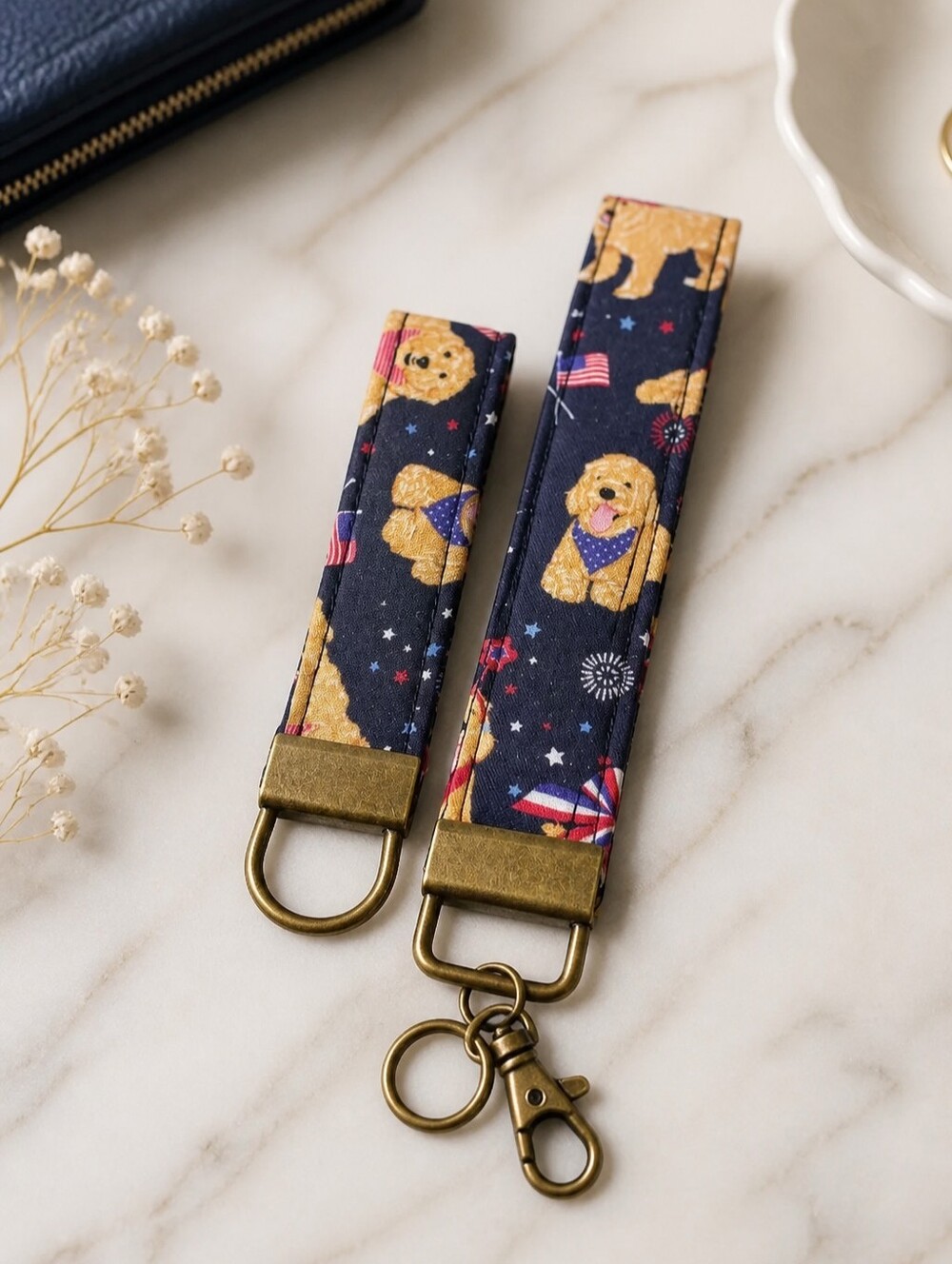 New! Handcrafted Set of 2 Key Fob Holders USA & Precious Puppies Design